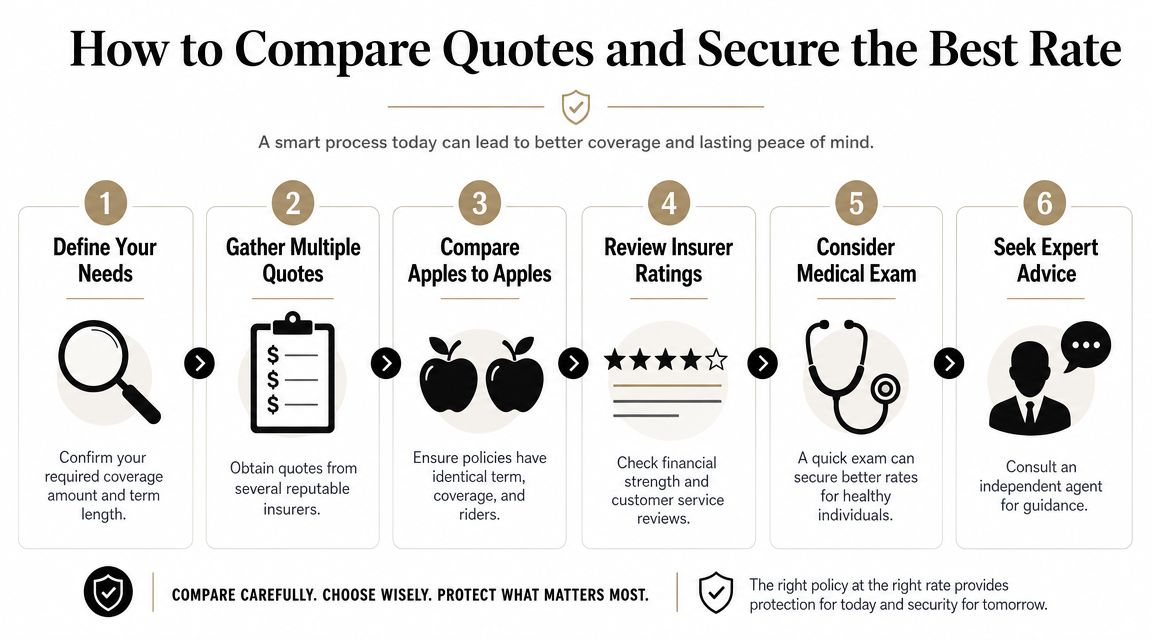 A six-step infographic showing how to compare insurance quotes and secure the best coverage rate.