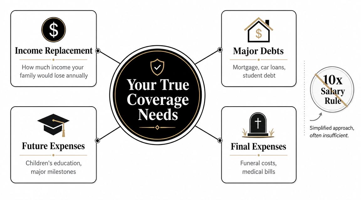 A diagram illustrating the four key factors for calculating true life insurance coverage needs for families.