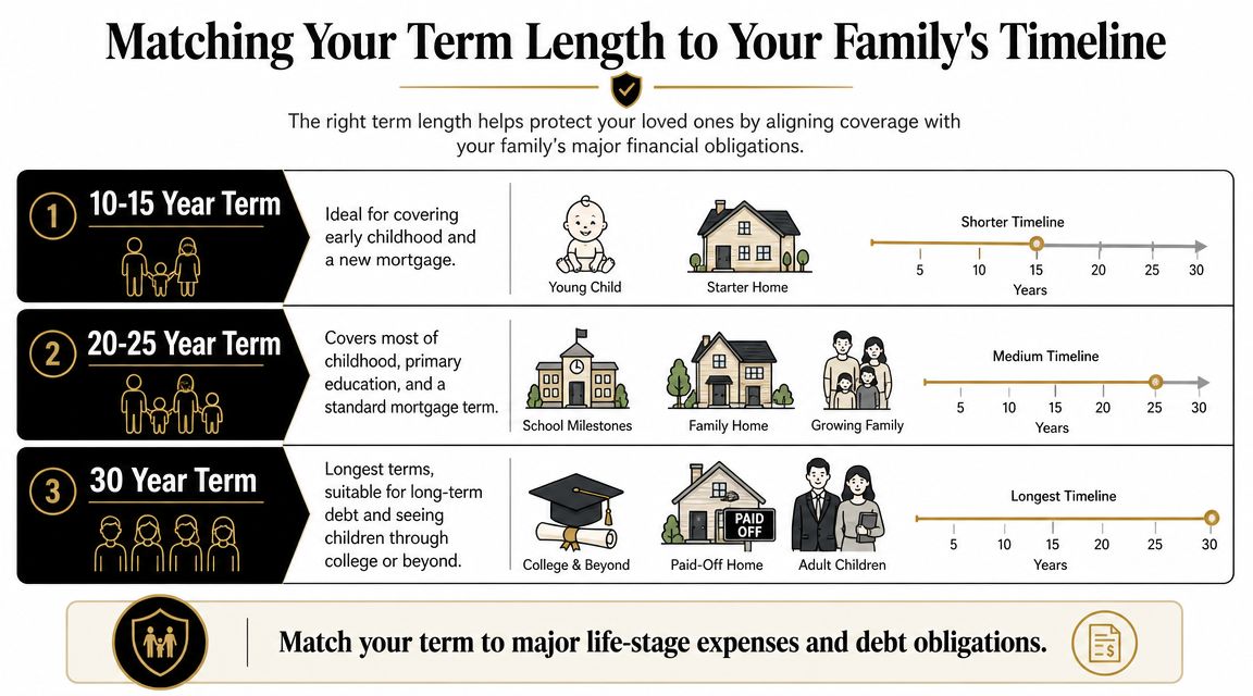 A life insurance infographic matching term lengths of 10 to 30 years to various family financial milestones.