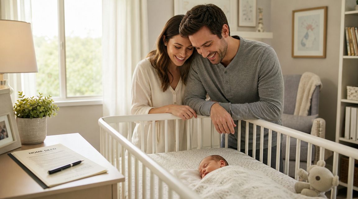 A happy young couple looking lovingly at their sleeping newborn baby in a nursery crib.