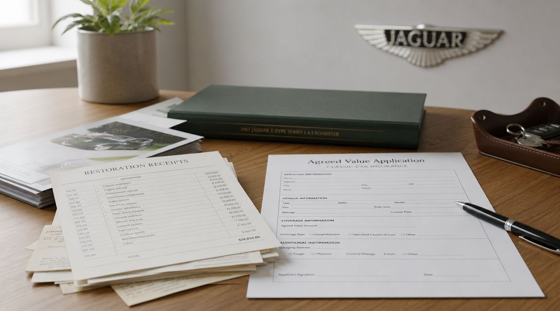 An insurance document and a pile of car restoration receipts on a wooden desk with Jaguar branding.