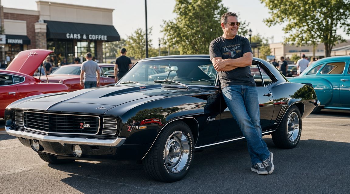 A man smiling and leaning against a black Chevrolet Camaro Z/28 at a car show in Charlotte.