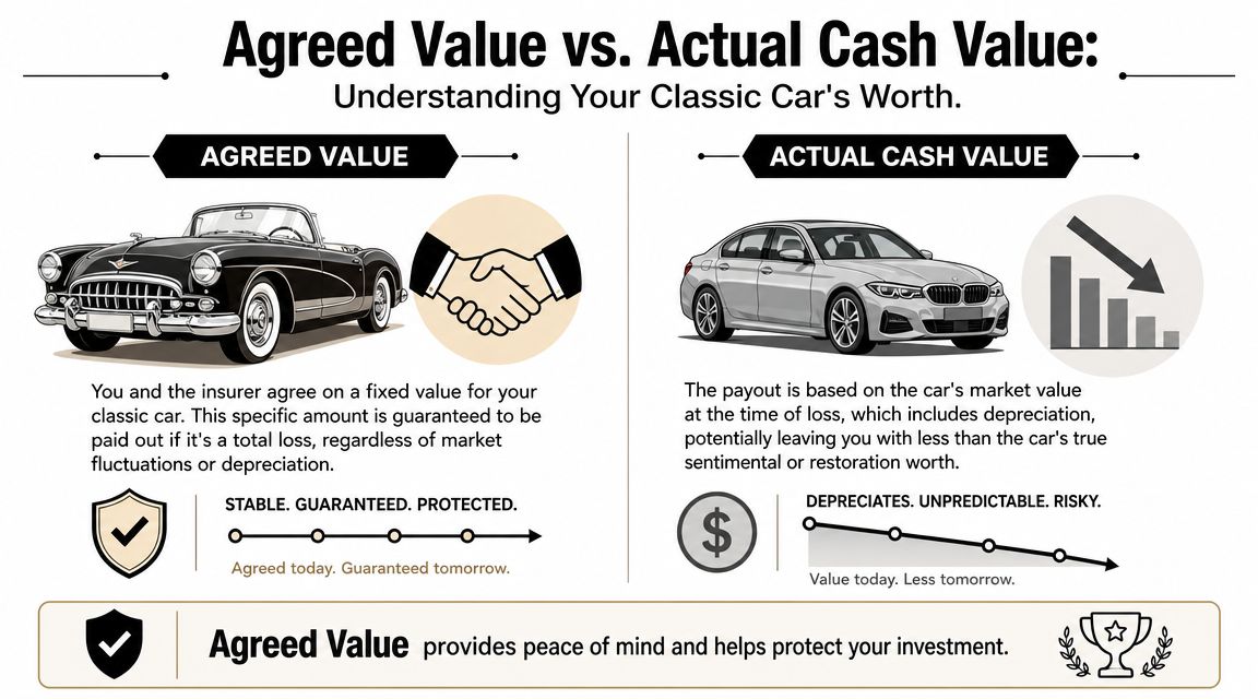 An infographic comparing agreed value versus actual cash value insurance policies for classic and modern cars.