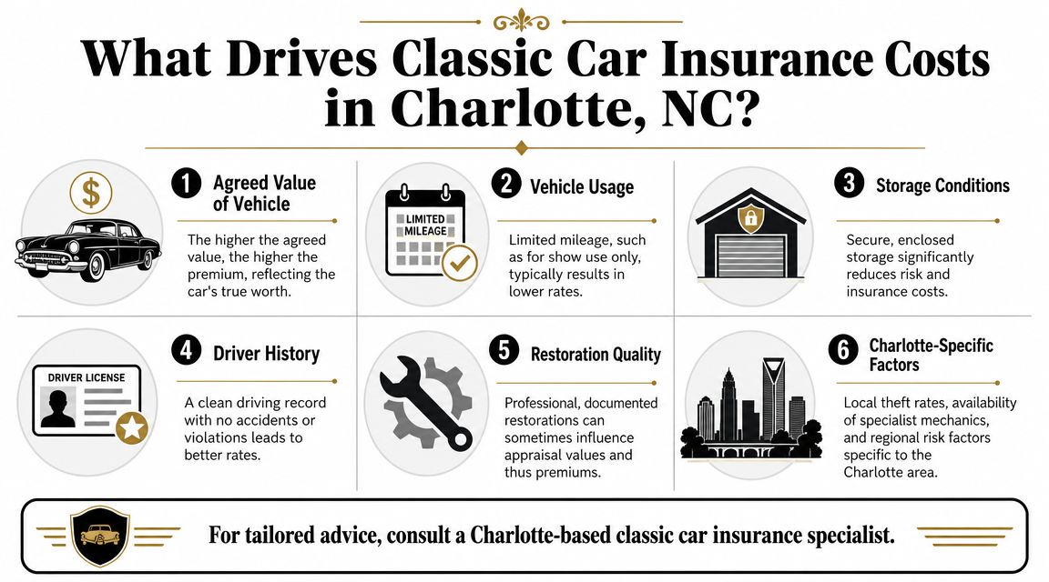 An infographic detailing six key factors that influence classic car insurance costs in Charlotte, North Carolina.