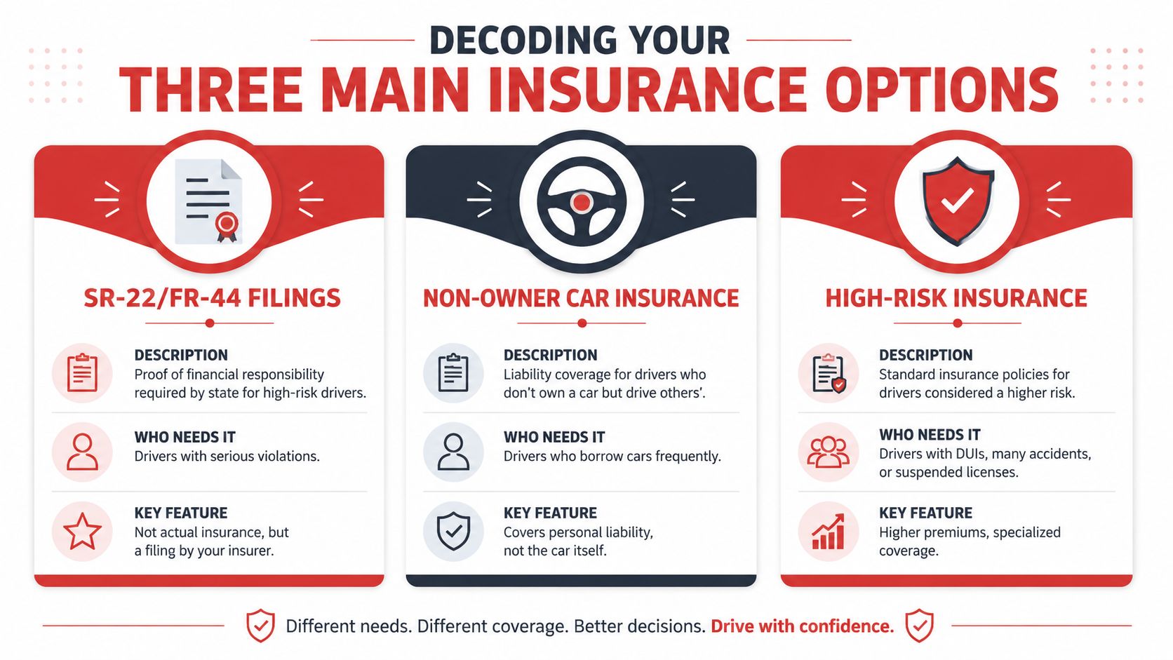 An infographic illustrating three types of car insurance for high-risk drivers, including SR-22 filings, non-owner insurance, and policies.