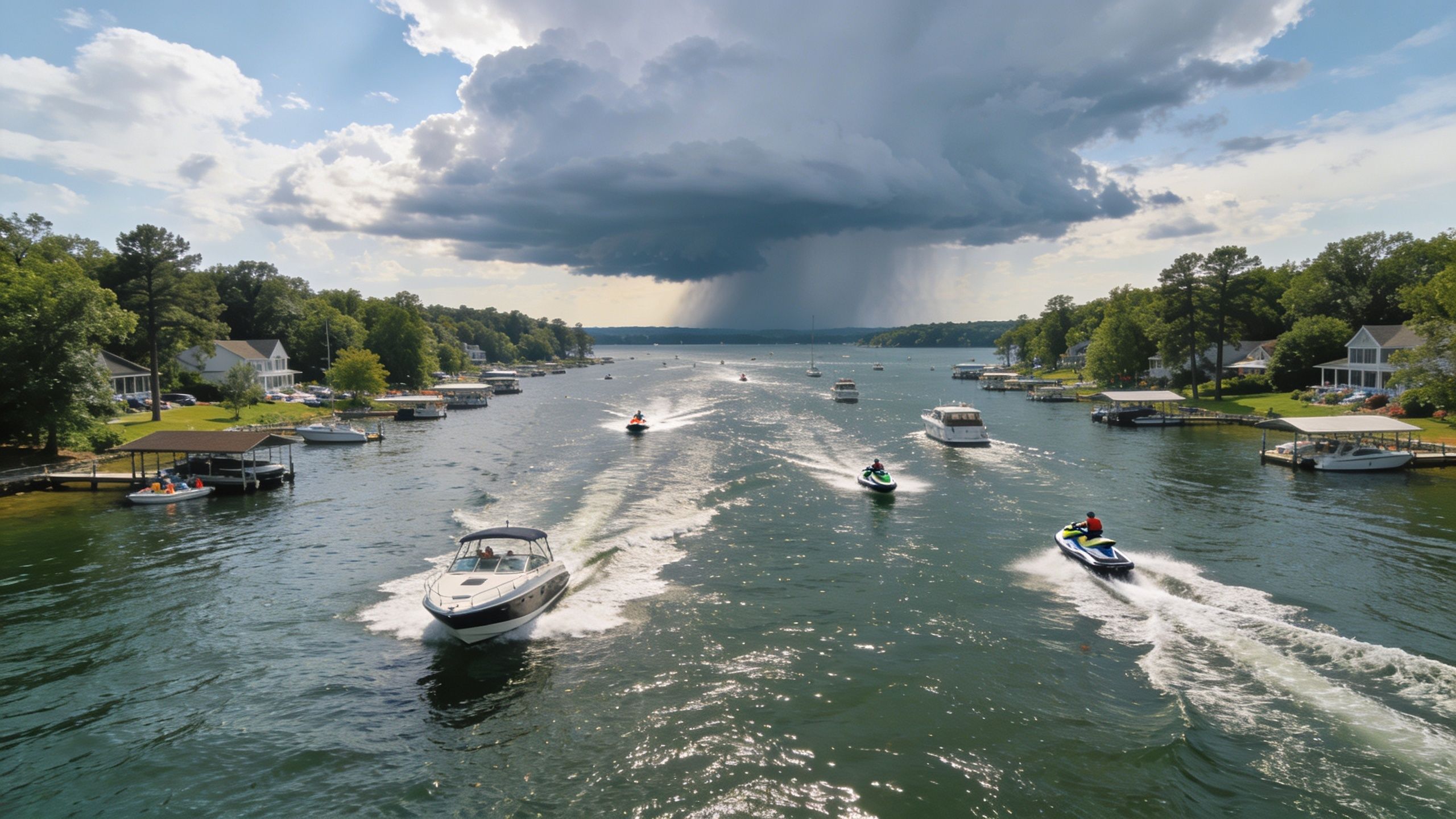 Several boats and jet skis cruising on a sunlit lake under a dramatic stormy rain cloud.