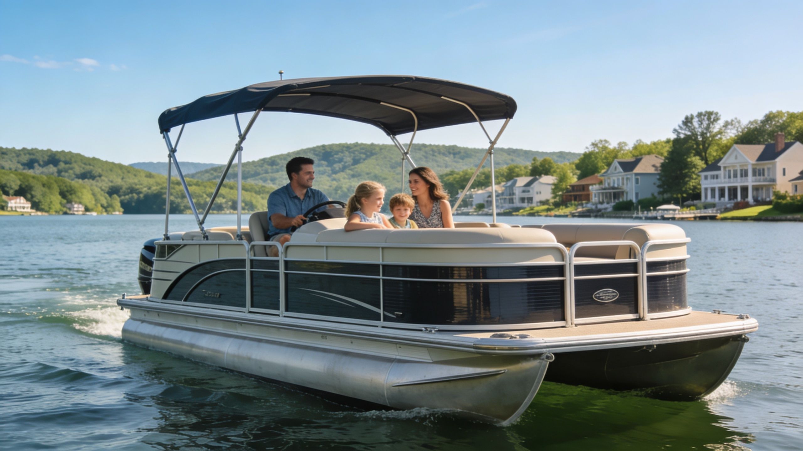 A family of four enjoying a sunny day on a pontoon boat cruising on a lake