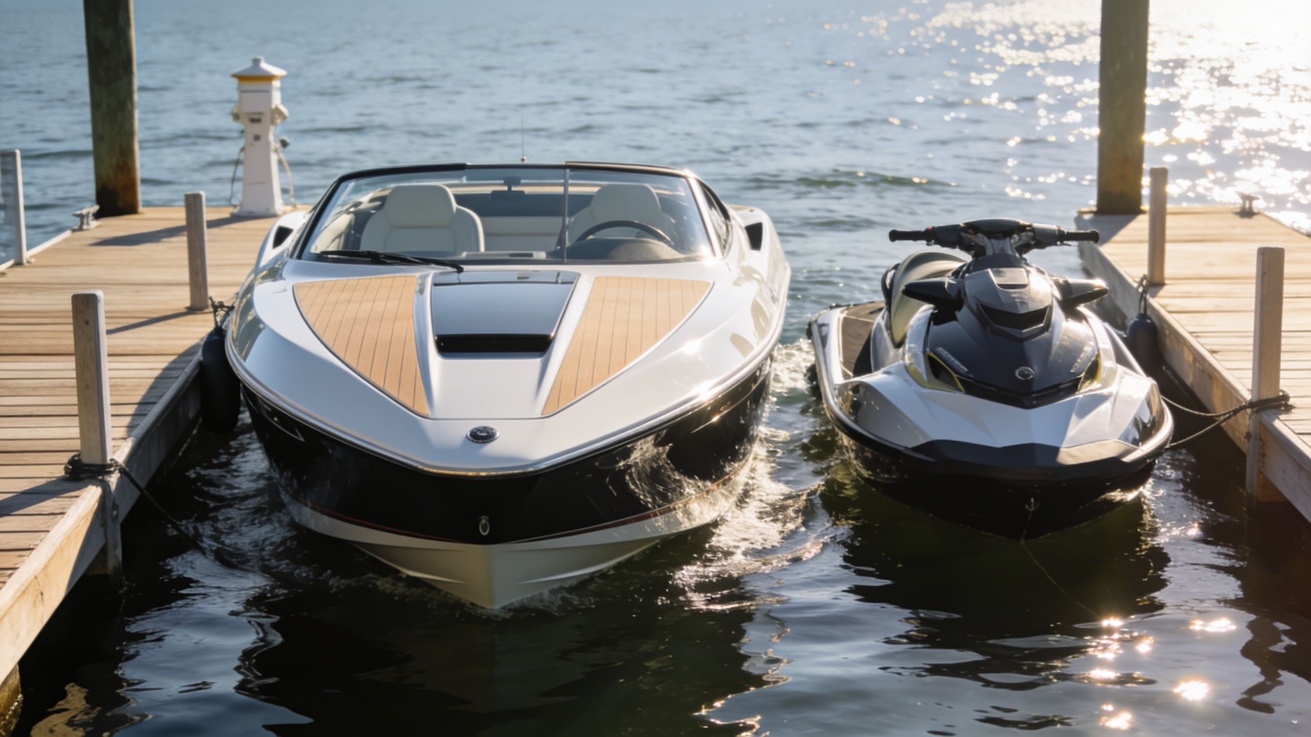 A modern motorboat and a personal watercraft docked side-by-side on a sunny lake