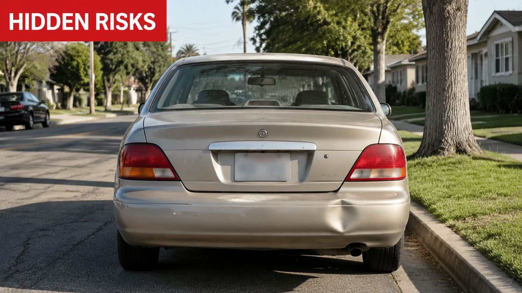 A gold-colored sedan parked on a residential street with a noticeable dent in the rear bumper.