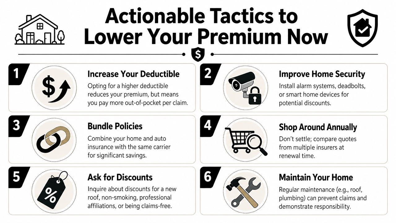 An infographic titled Actionable Tactics to Lower Your Premium Now showing six tips for homeowners insurance savings.