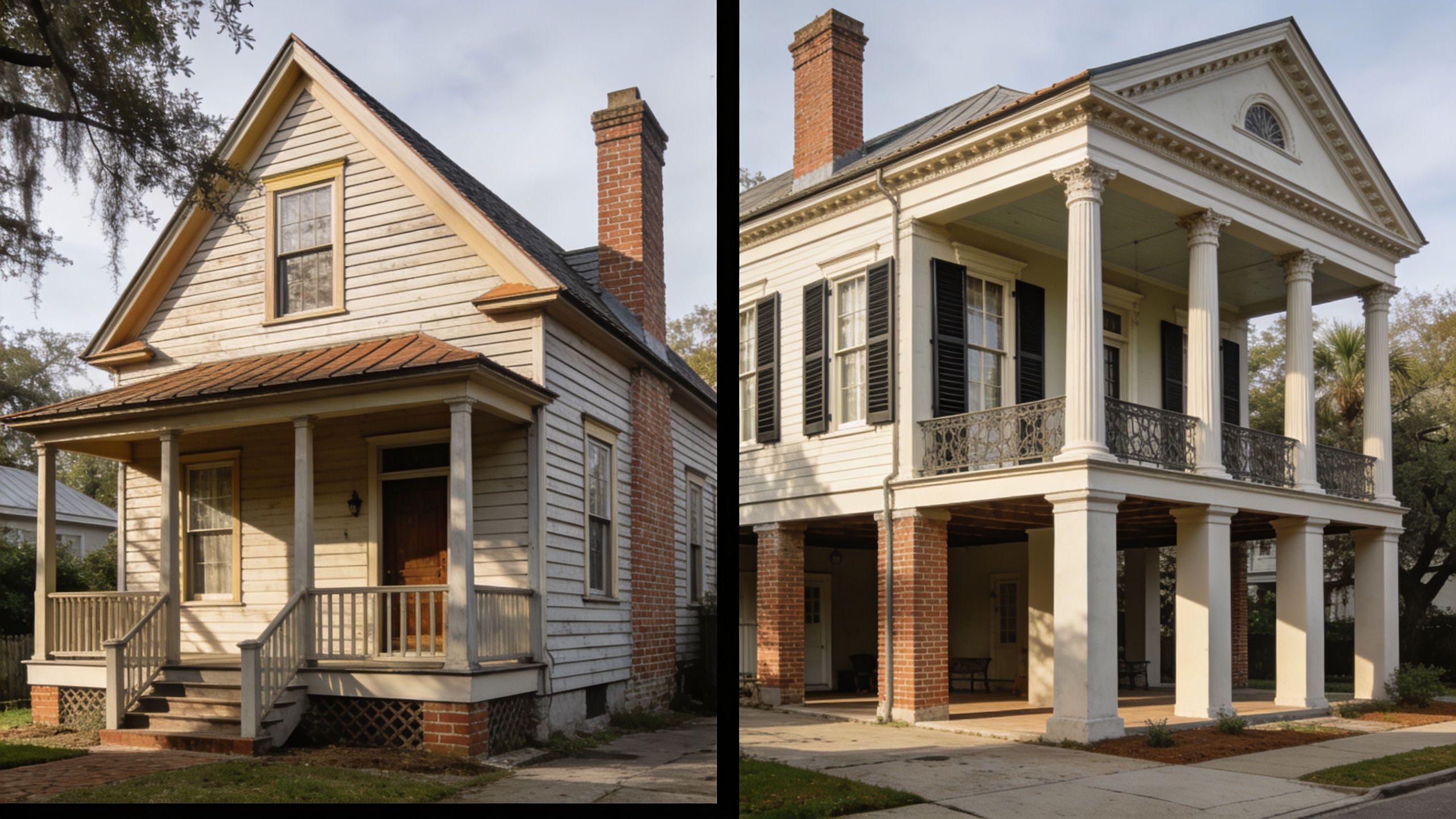 A side-by-side comparison of a historic coastal home and a grand architectural home in Charleston, South Carolina.