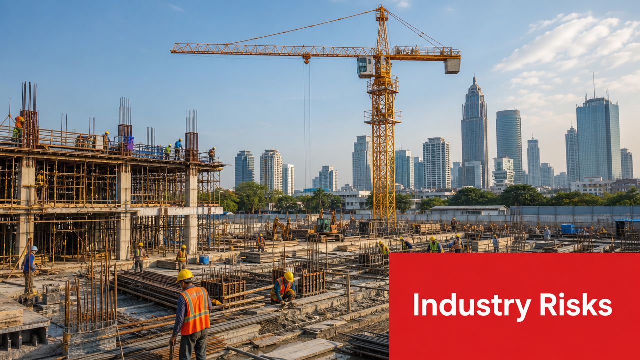 Construction workers operating at a high-rise building site against a city skyline with a tall tower crane.
