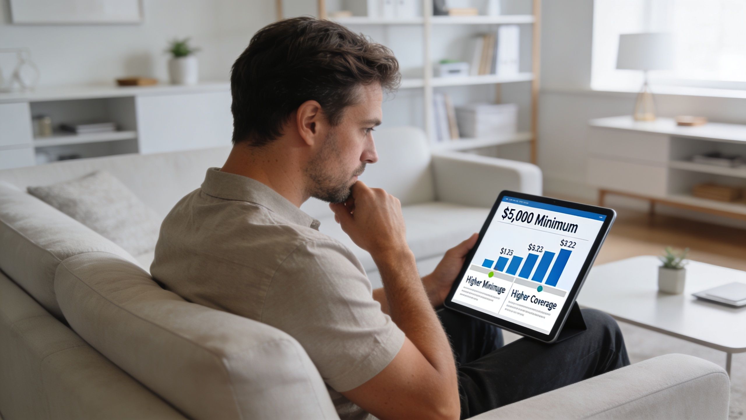 A man sits on a couch at home analyzing insurance coverage options on a tablet screen.