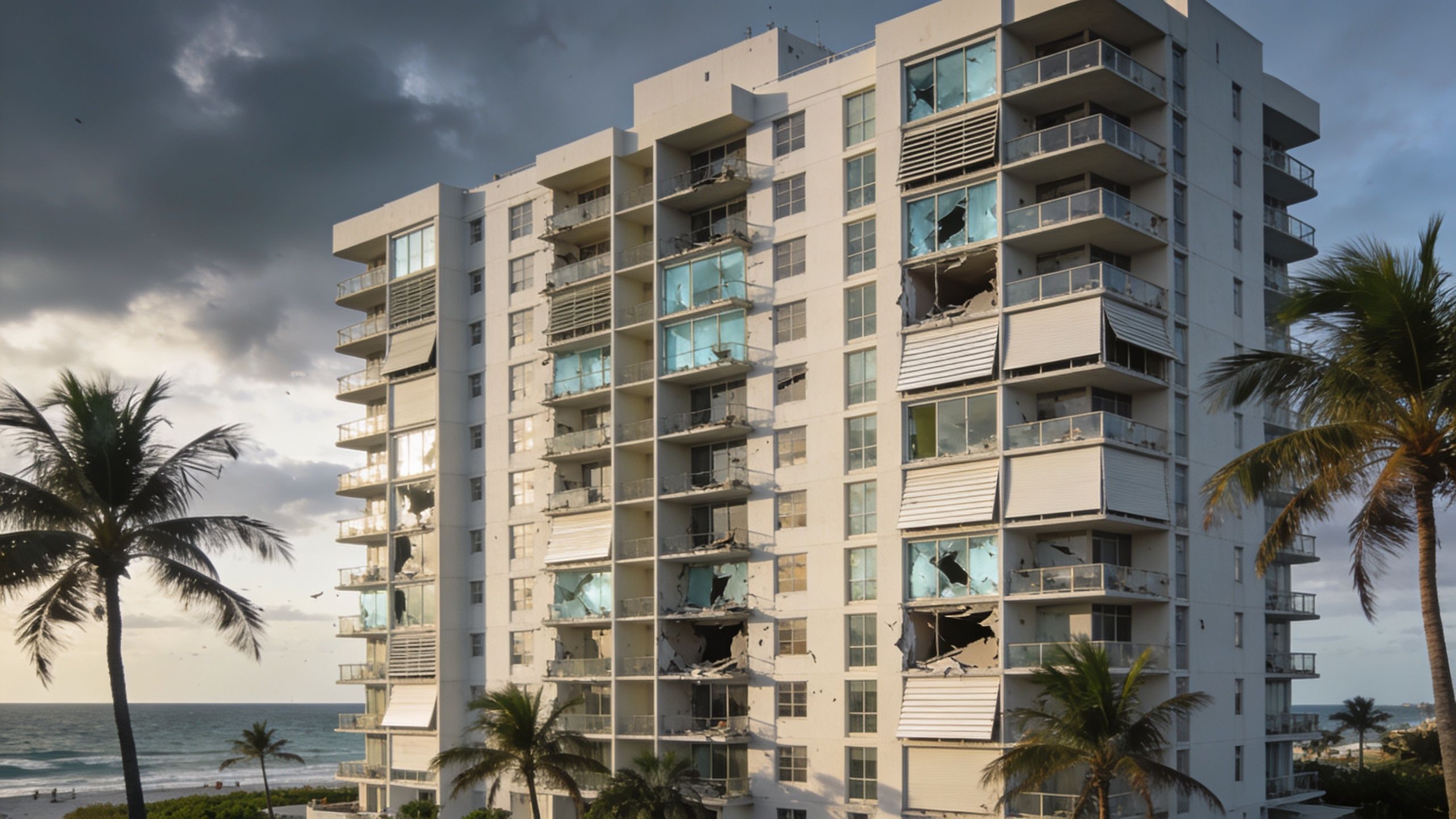 A coastal condominium building showing significant structural damage to its facade and balconies after a severe storm.