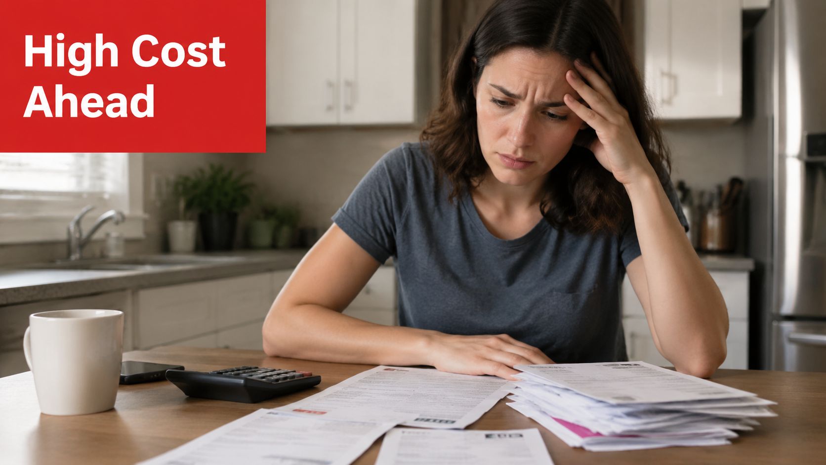 A woman looks stressed and worried while reviewing a large stack of financial bills and documents.