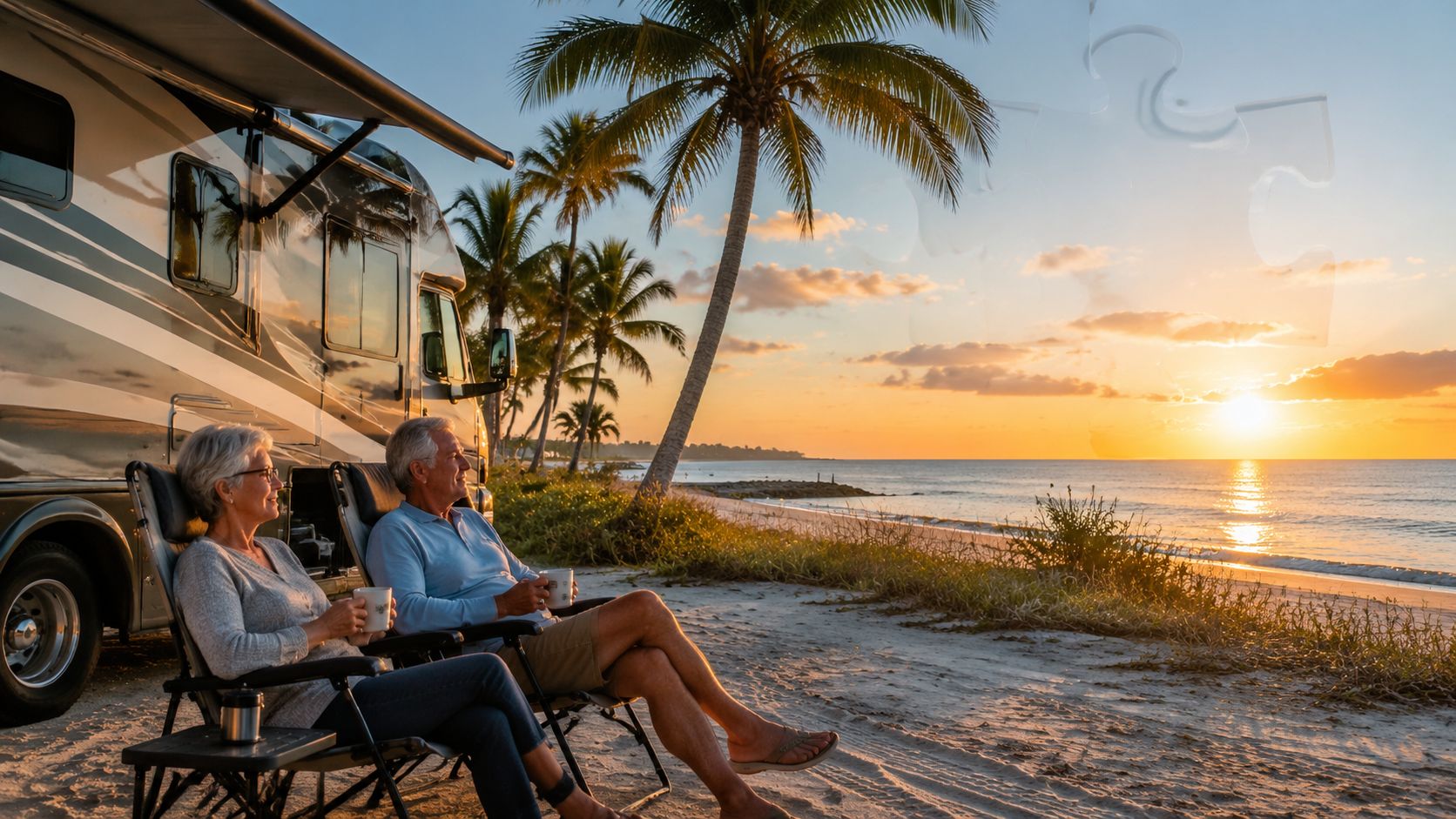 A retired couple enjoys a sunset view while sitting in chairs outside their RV on a beach.