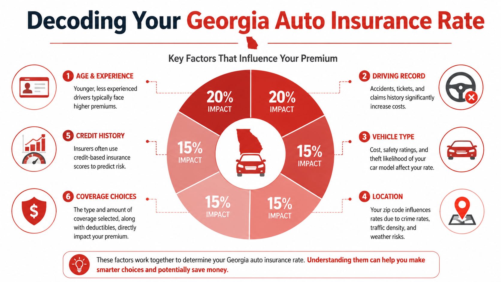 An infographic titled Decoding Your Georgia Auto Insurance Rate showing six key factors influencing premium costs.