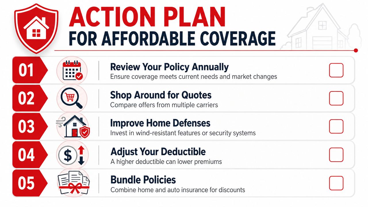 An infographic titled Action Plan for Affordable Coverage, listing five essential tips for saving on home insurance costs.