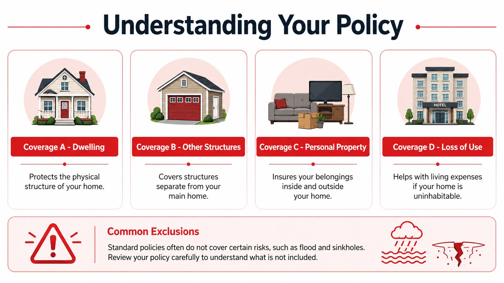 An infographic titled Understanding Your Policy detailing four types of home insurance coverage and common exclusions.
