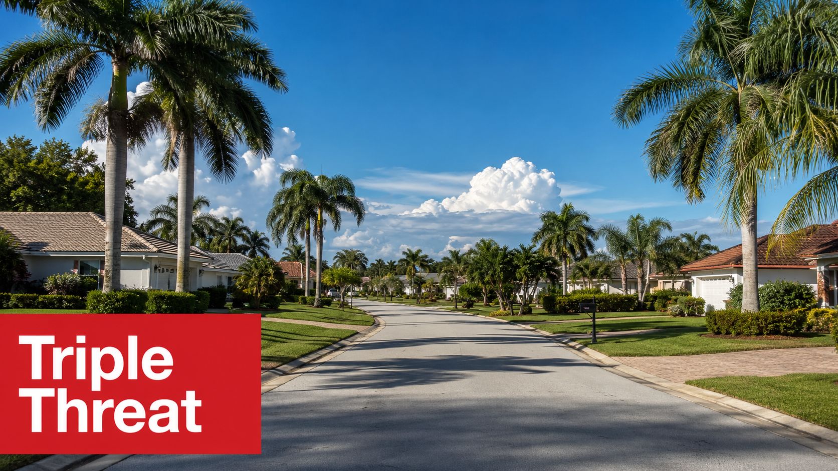 A quiet residential street lined with tall palm trees and houses under a bright blue sky.
