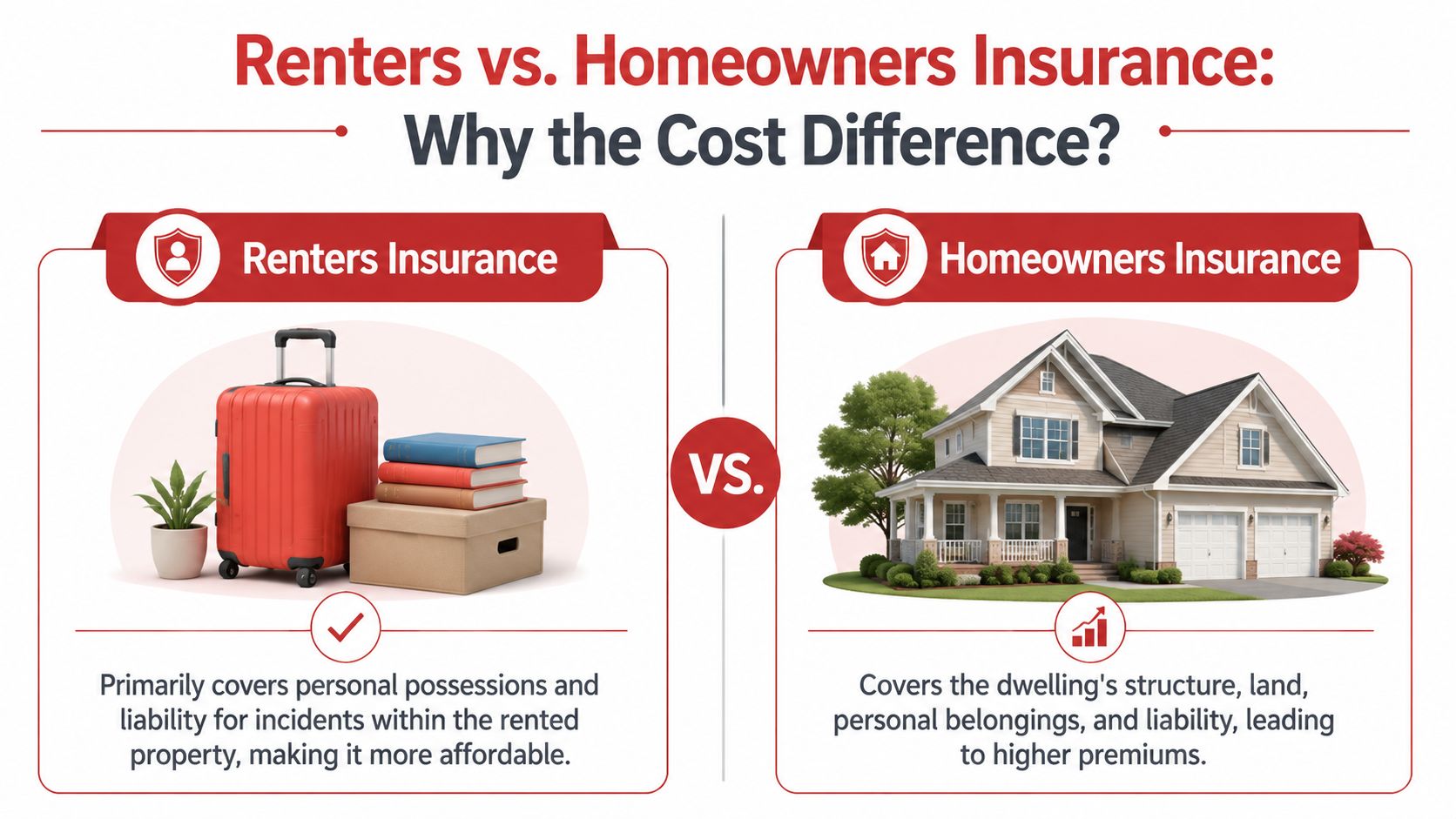 An infographic comparing the differences in coverage and costs between renters insurance and homeowners insurance policies.