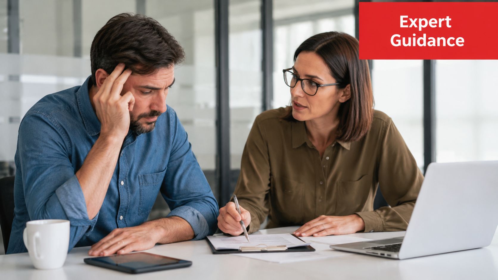 A professional man looking stressed while consulting with a woman who is pointing at a document.