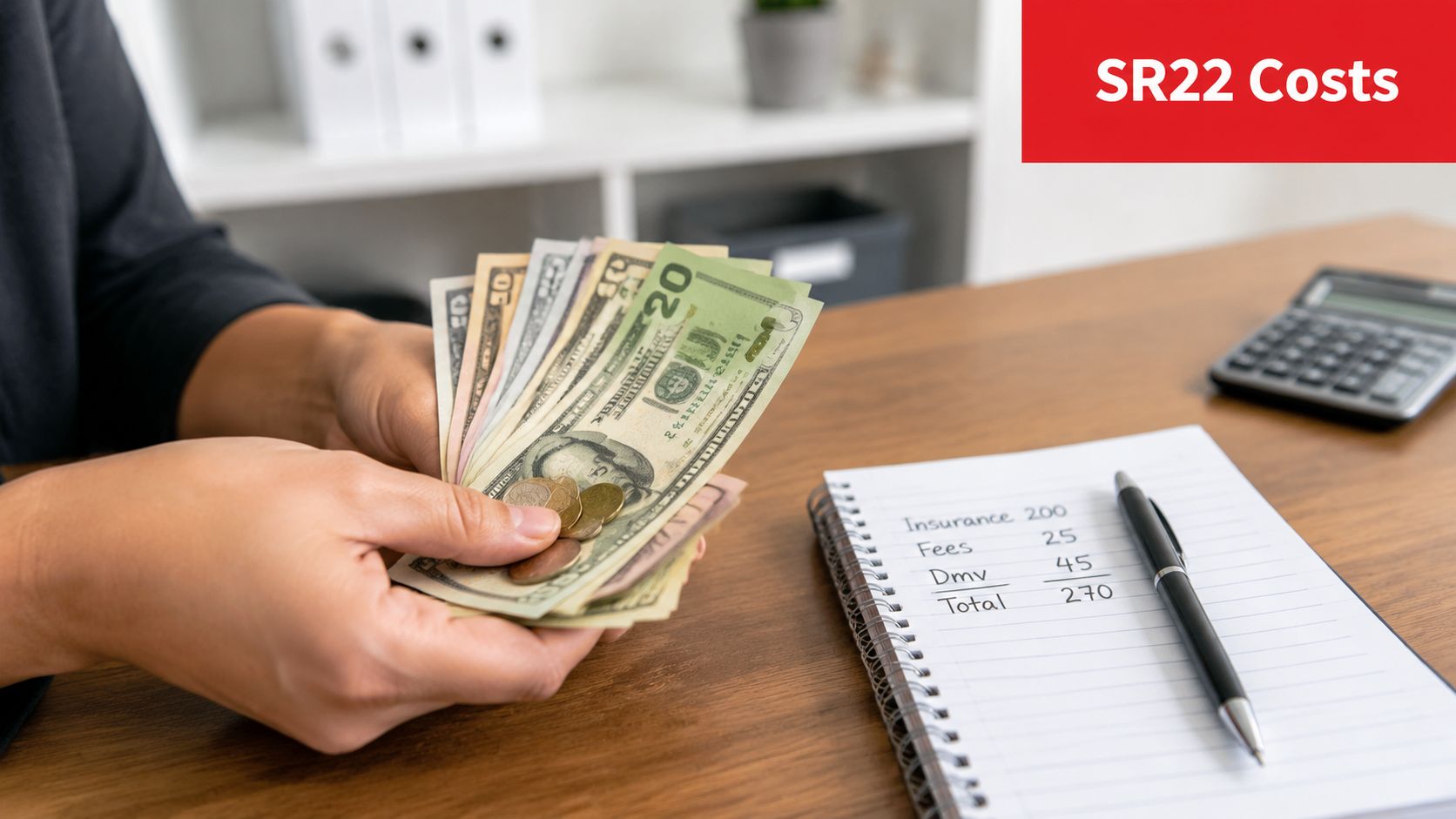 A person holding cash in their hand next to a notebook listing SR22 insurance cost calculations.