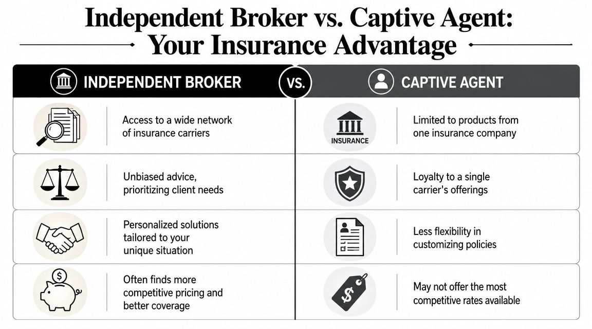 A comparison chart highlighting the benefits of an independent insurance broker versus a captive insurance agent.