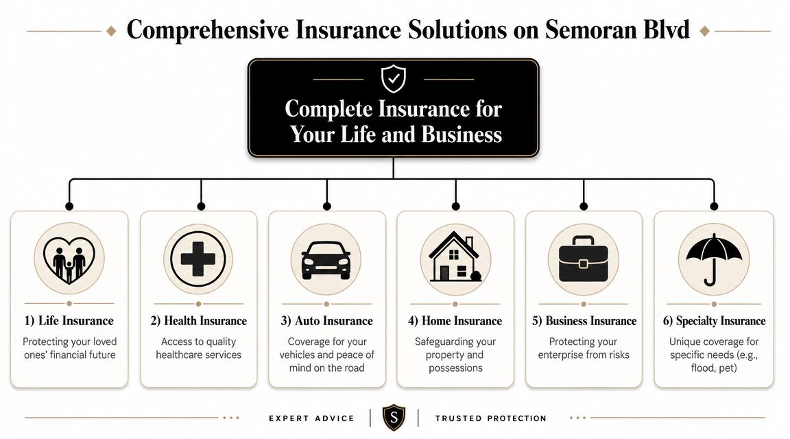 A diagram outlining comprehensive life and business insurance solutions available on Semoran Blvd, including six major coverage types.