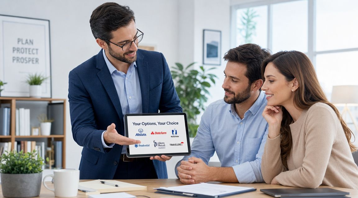 An insurance agent presents a tablet displaying various insurance company logos to a smiling couple in an office.