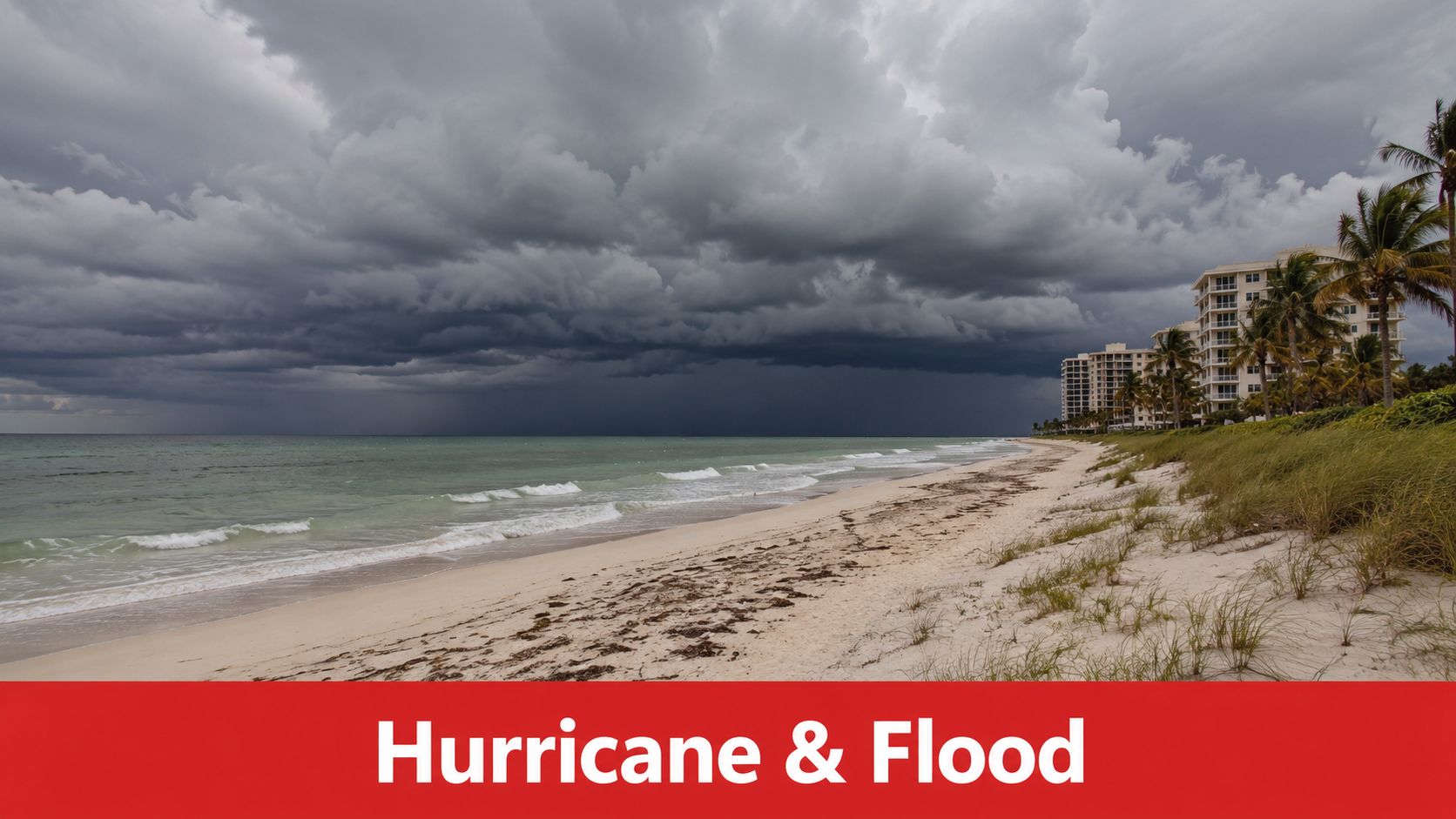 A scenic beach view under a dramatic, dark, and cloudy storm sky threatening an incoming hurricane.