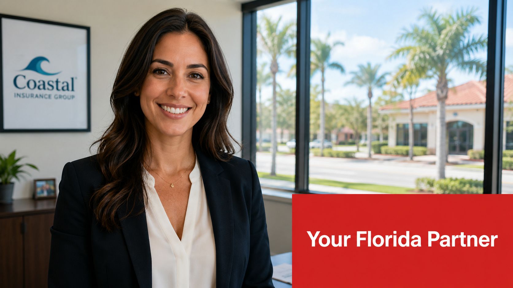 A professional woman smiling in an office with a Coastal Insurance Group logo on the wall.