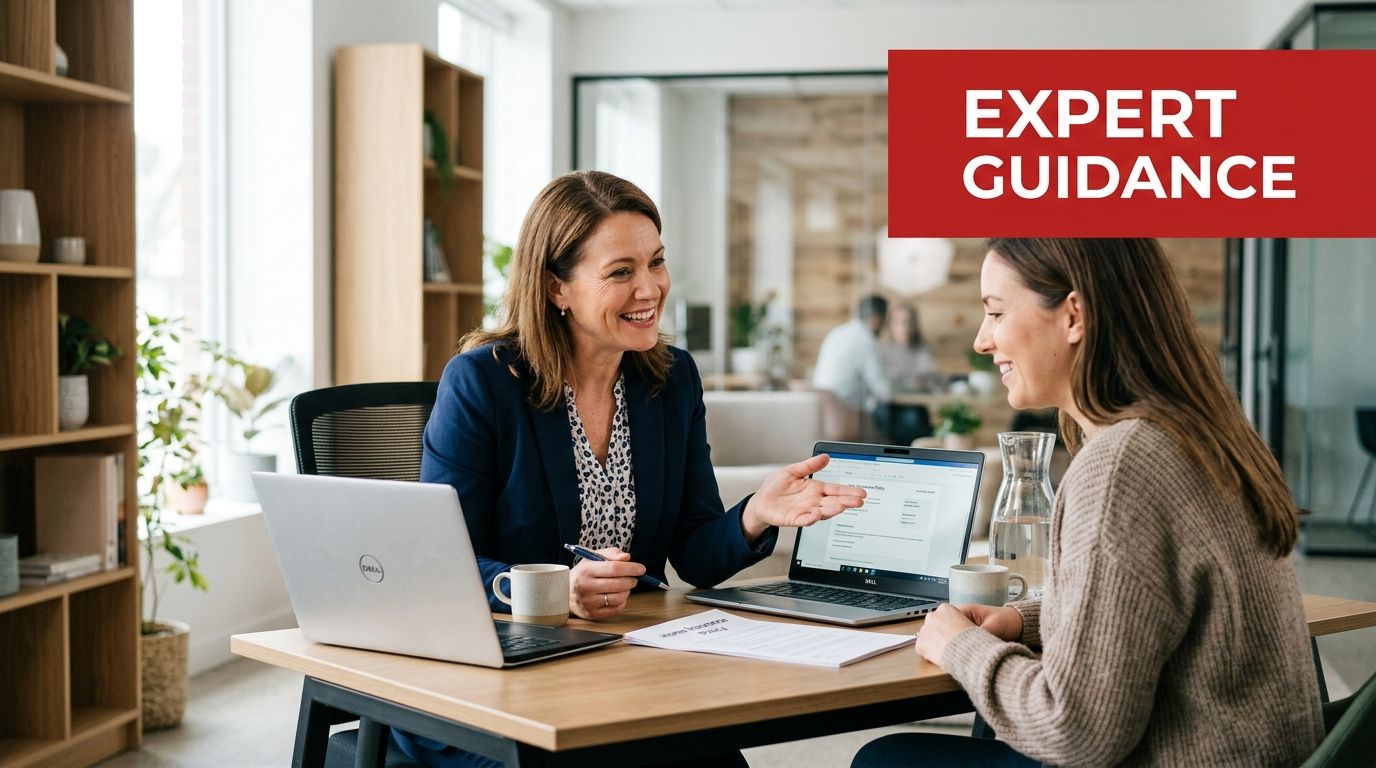 A professional insurance agent smiling while discussing policy documents with a client in a modern office.