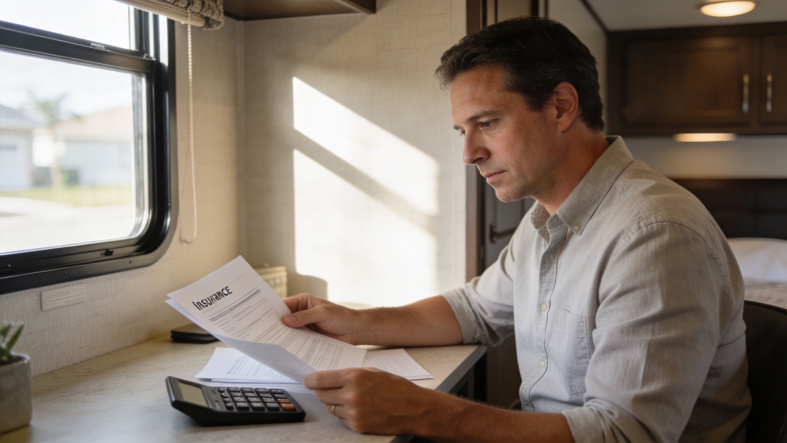 A man reviewing insurance documents at a desk inside a manufactured home with a calculator nearby.