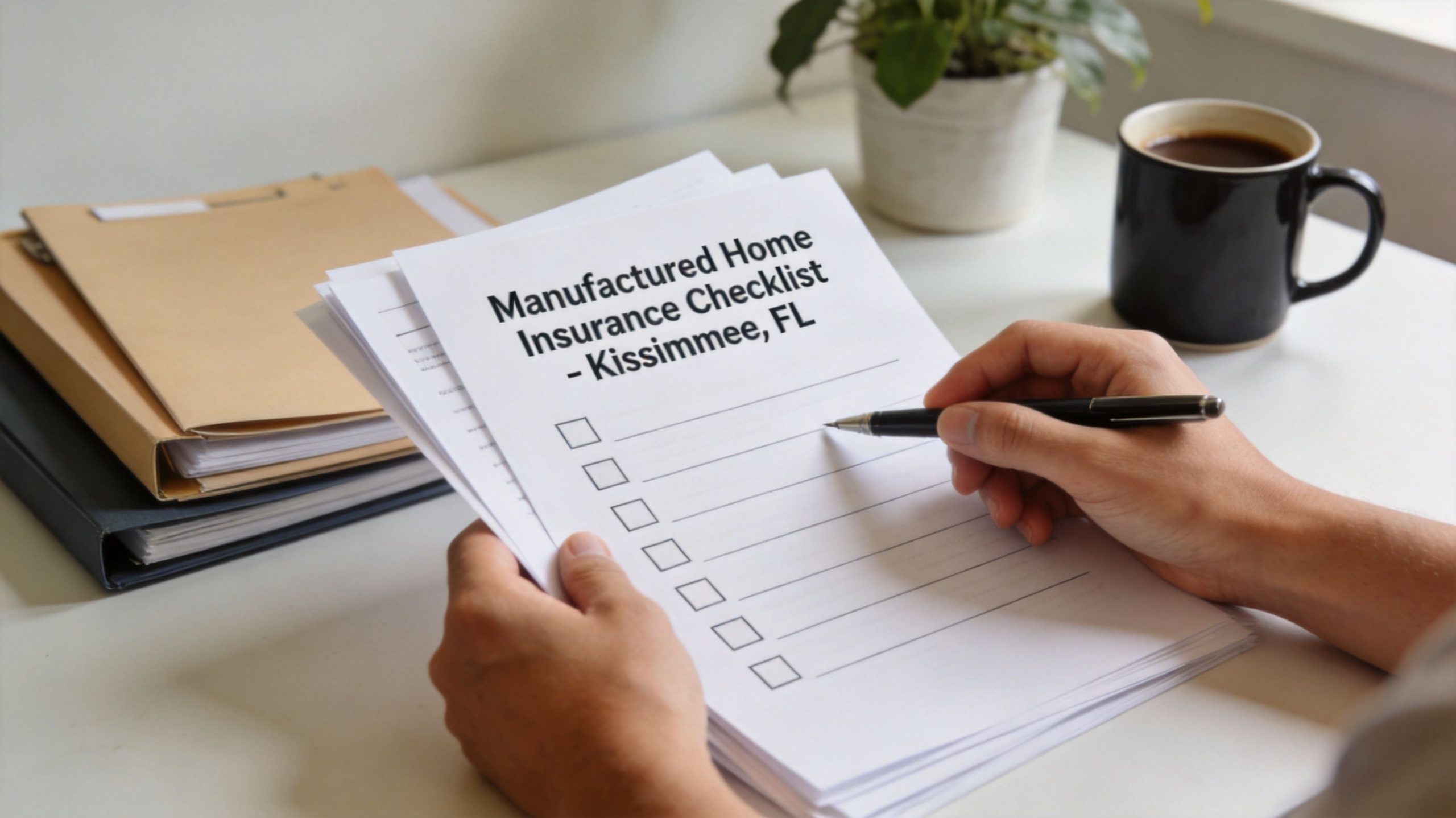 A person holding a pen over a manufactured home insurance checklist document in Kissimmee, Florida.