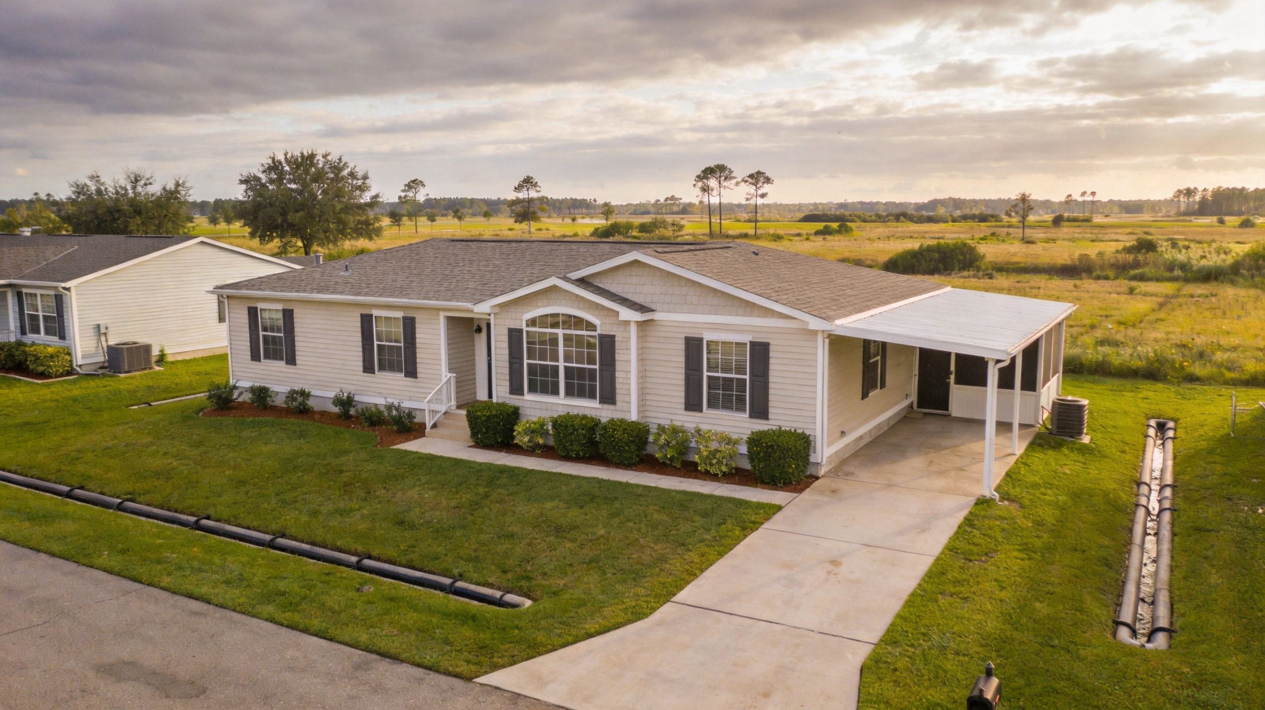 A scenic aerial view of a single-story manufactured home with a carport in a suburban setting.