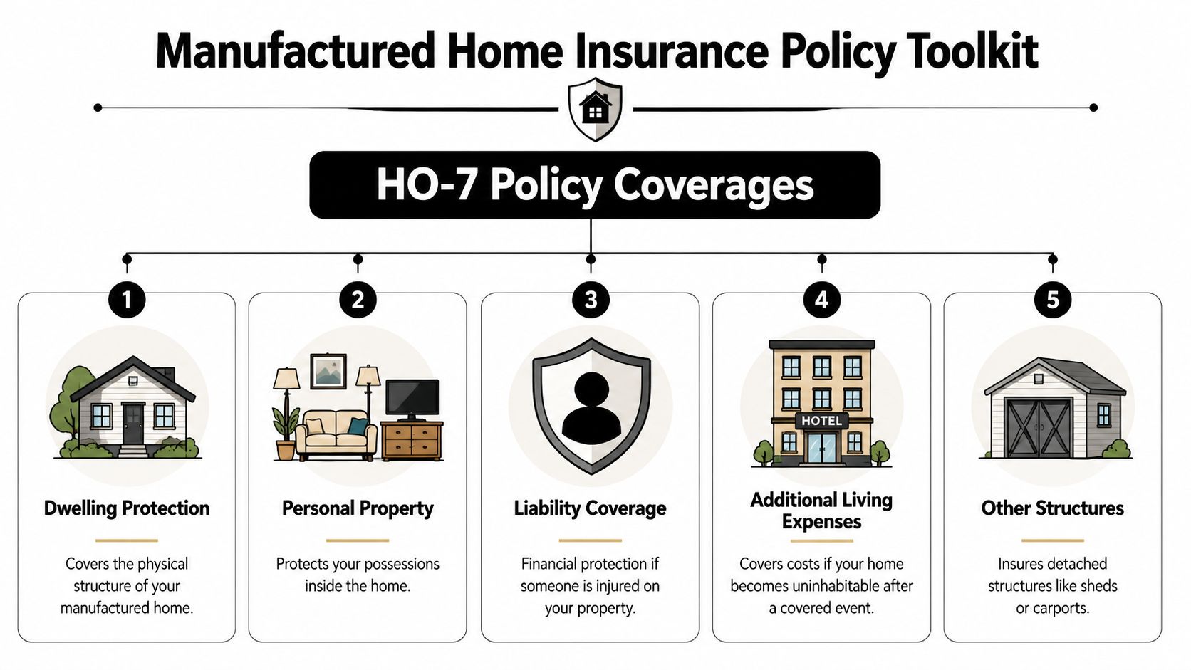 A diagram illustrating the five main coverage components of an HO-7 manufactured home insurance policy.