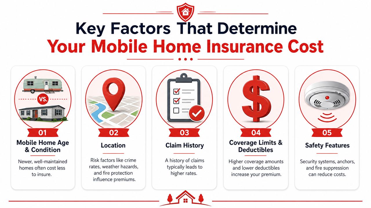 An infographic detailing five key factors that influence the total cost of mobile home insurance premiums.