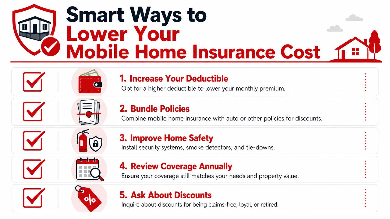 An infographic titled Smart Ways to Lower Your Mobile Home Insurance Cost featuring five money-saving tips.