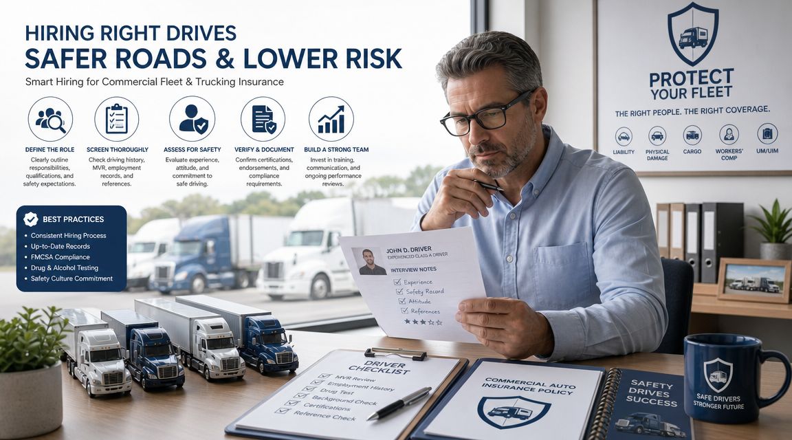 A professional manager reviews a job applicant's resume at a desk surrounded by toy semi-truck models.
