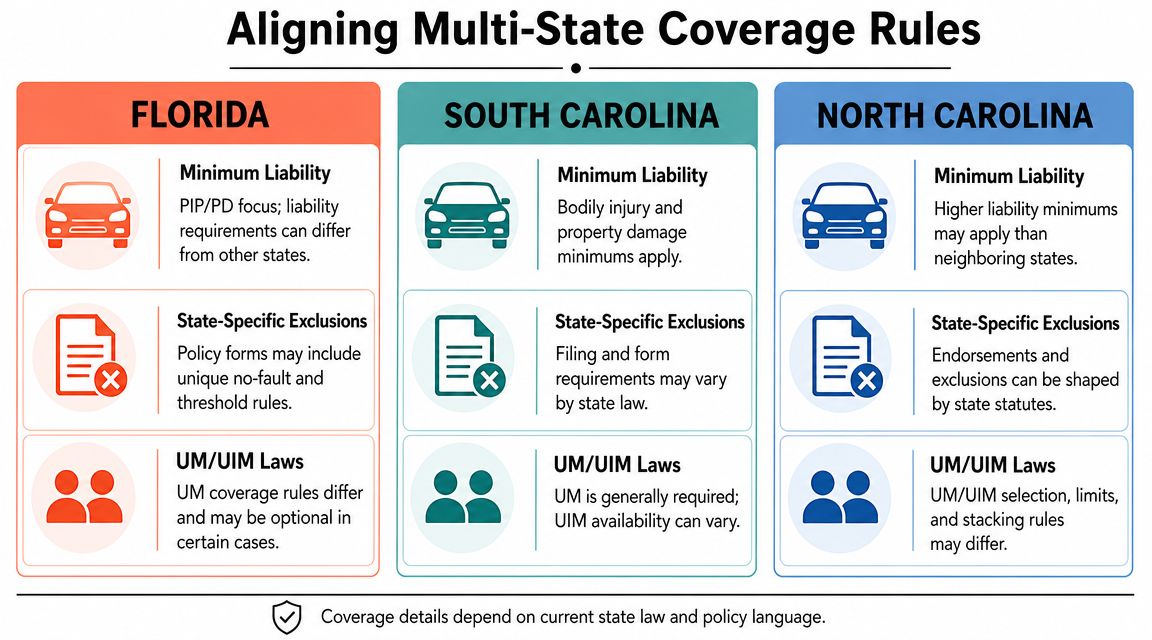 A comparison chart outlining minimum liability, state-specific exclusions, and UM/UIM laws for auto insurance in Florida, South Carolina, and North Carolina.