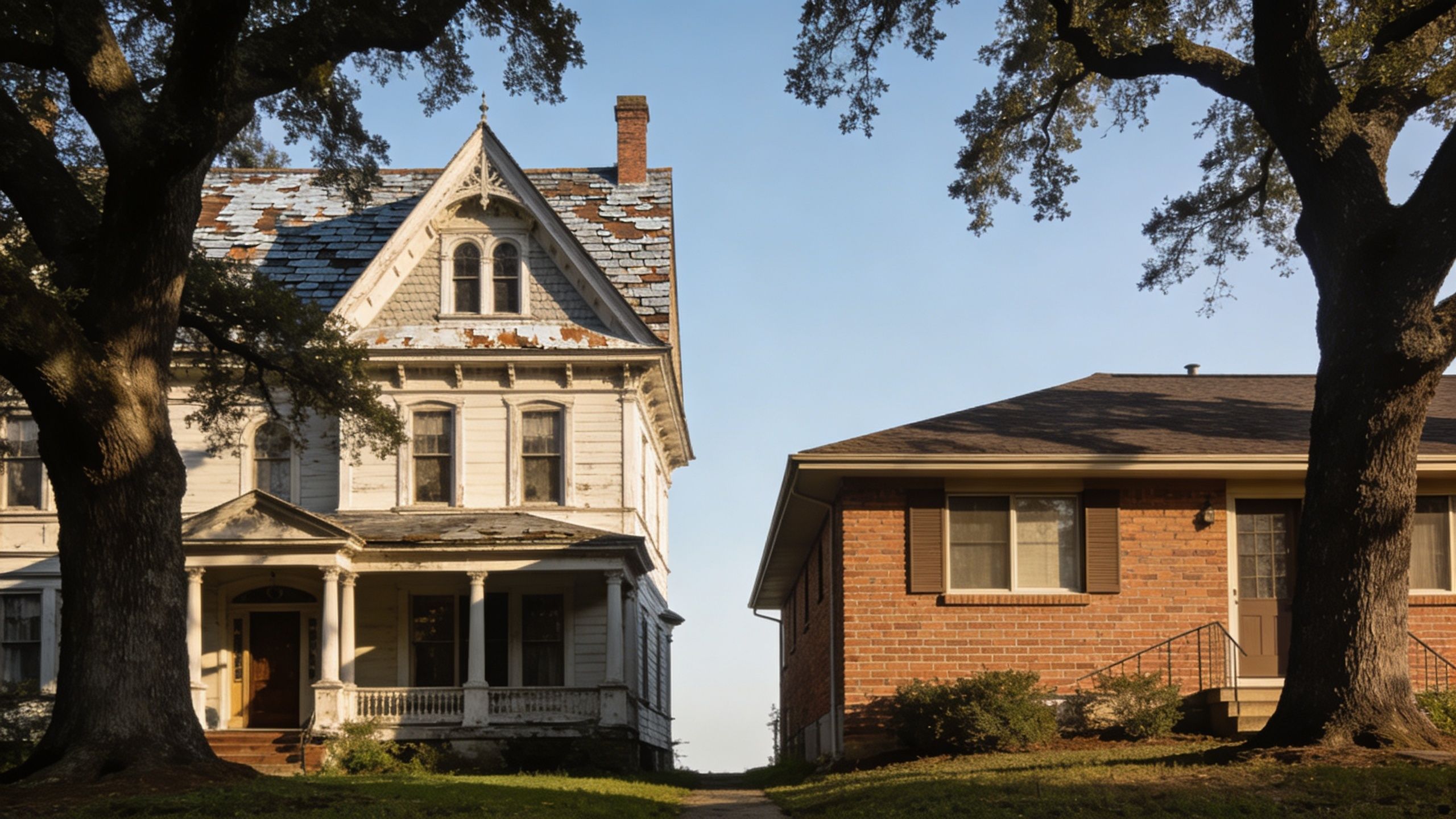A historic, weathered wooden house stands next to a modern brick house under large oak trees.