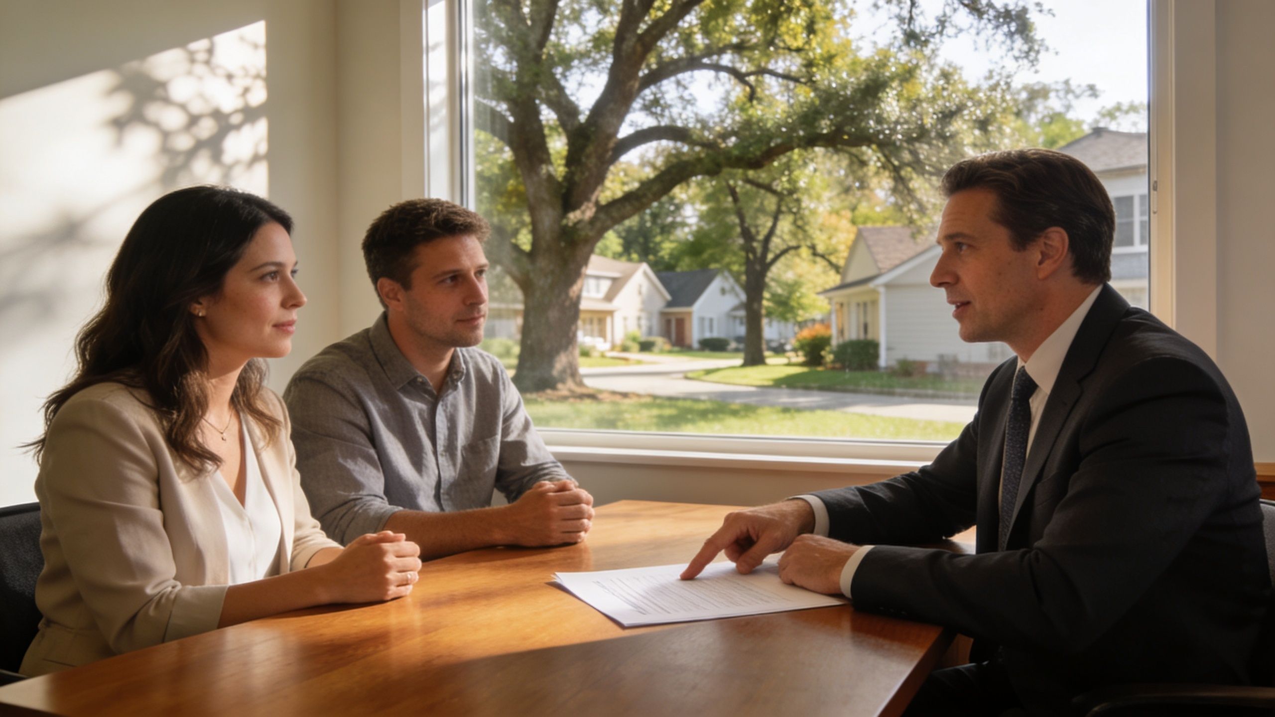 A young couple sits at a wooden table discussing documents with a professional insurance agent.