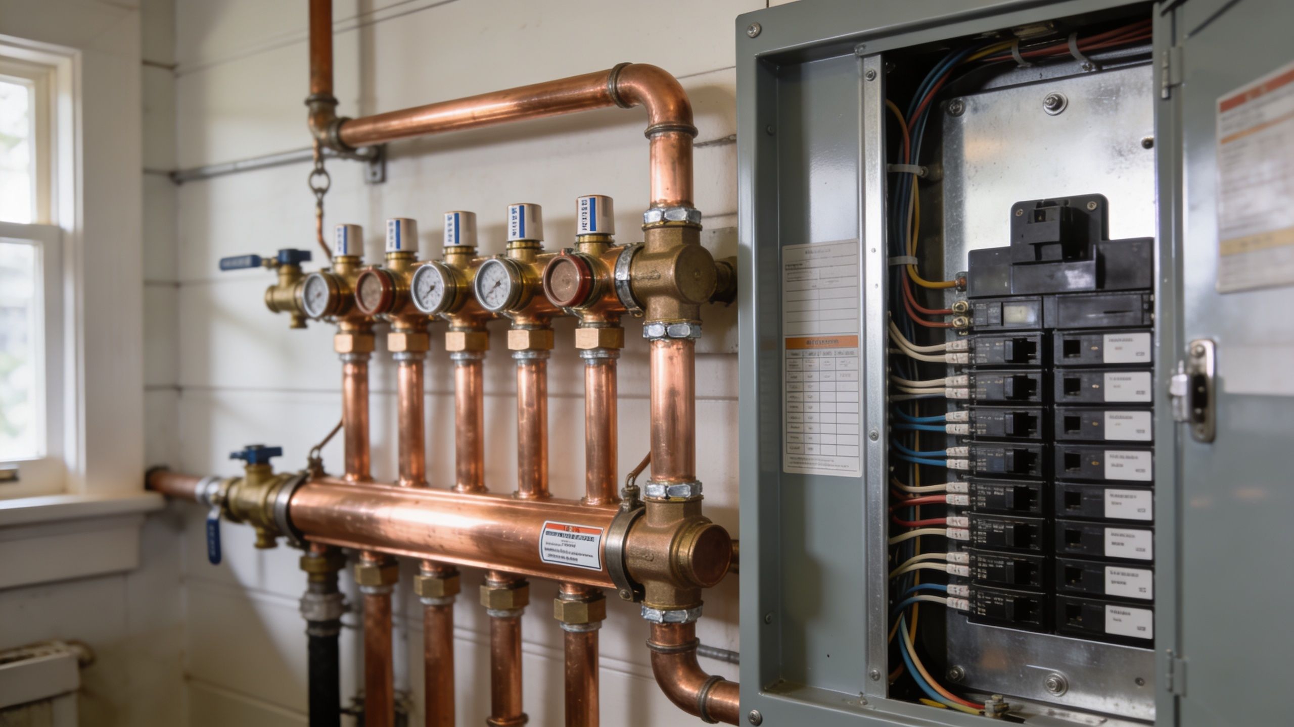 A close-up view of an indoor plumbing manifold next to an electrical breaker panel in a home.