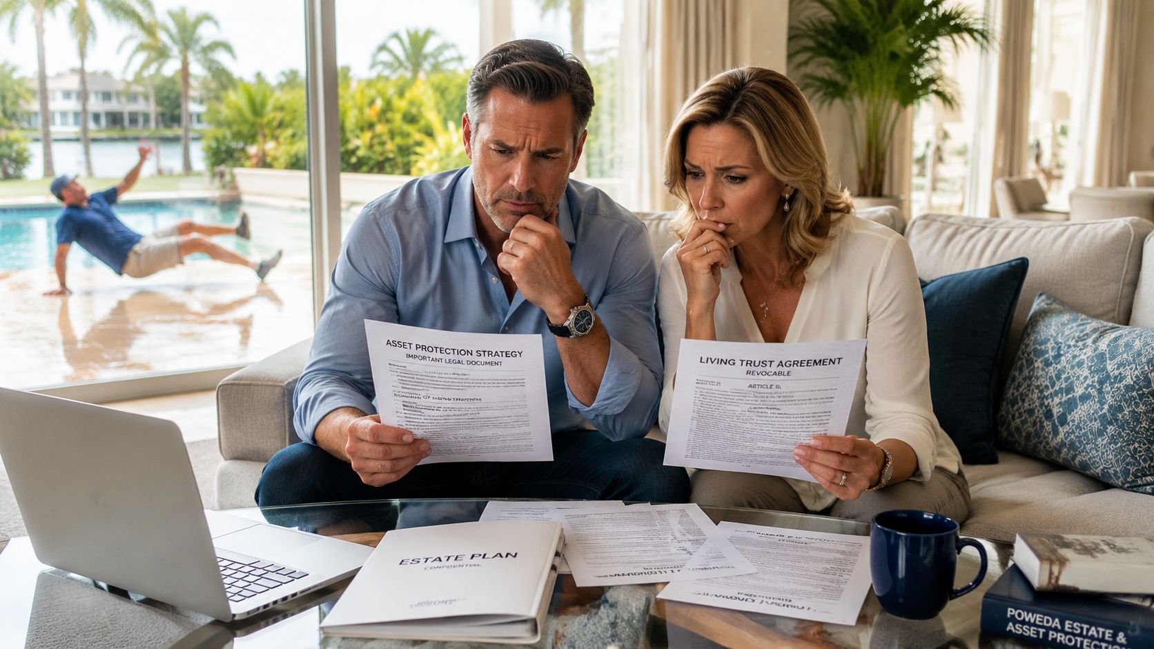 A couple sitting on a couch in a living room, reviewing estate planning and asset protection legal documents.