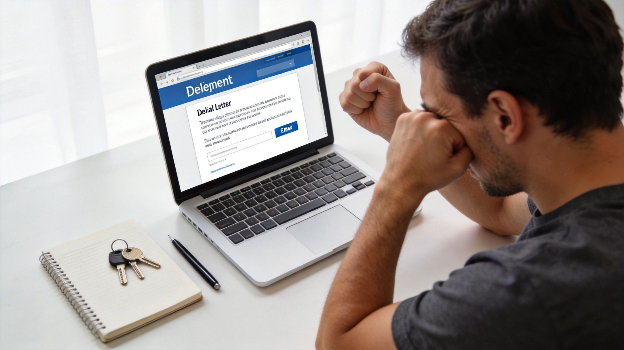 A frustrated man sits at a desk looking at a denial letter on his laptop screen.