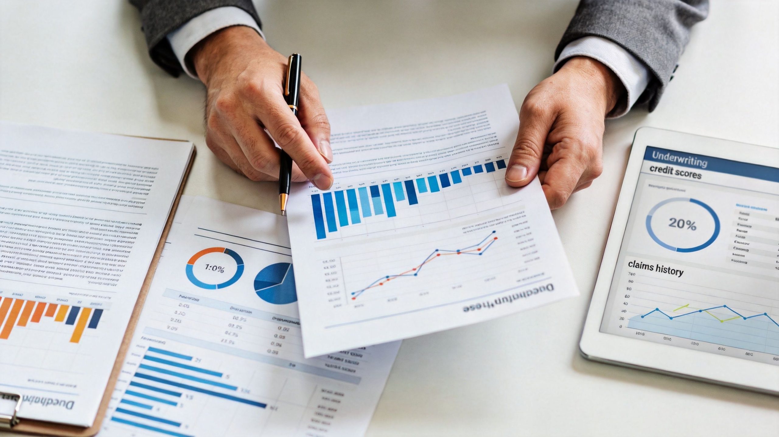 A professional analyzing financial data and credit score reports on a tablet and paper documents.