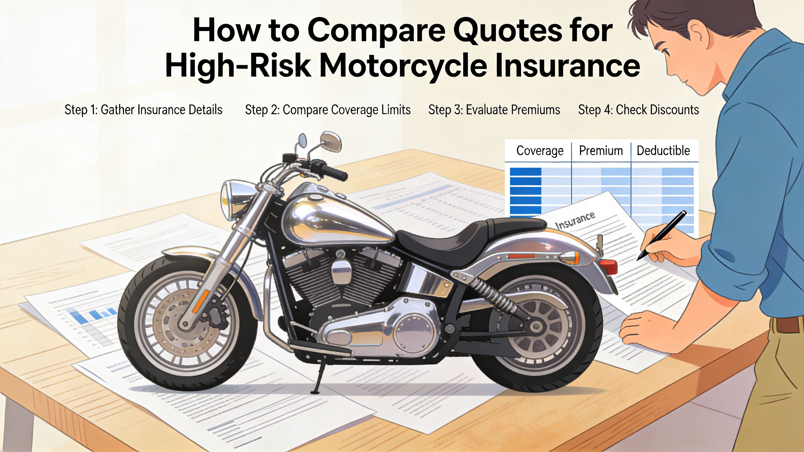 A man at a desk comparing insurance policy quotes for a motorcycle, illustrating steps for high-risk riders.