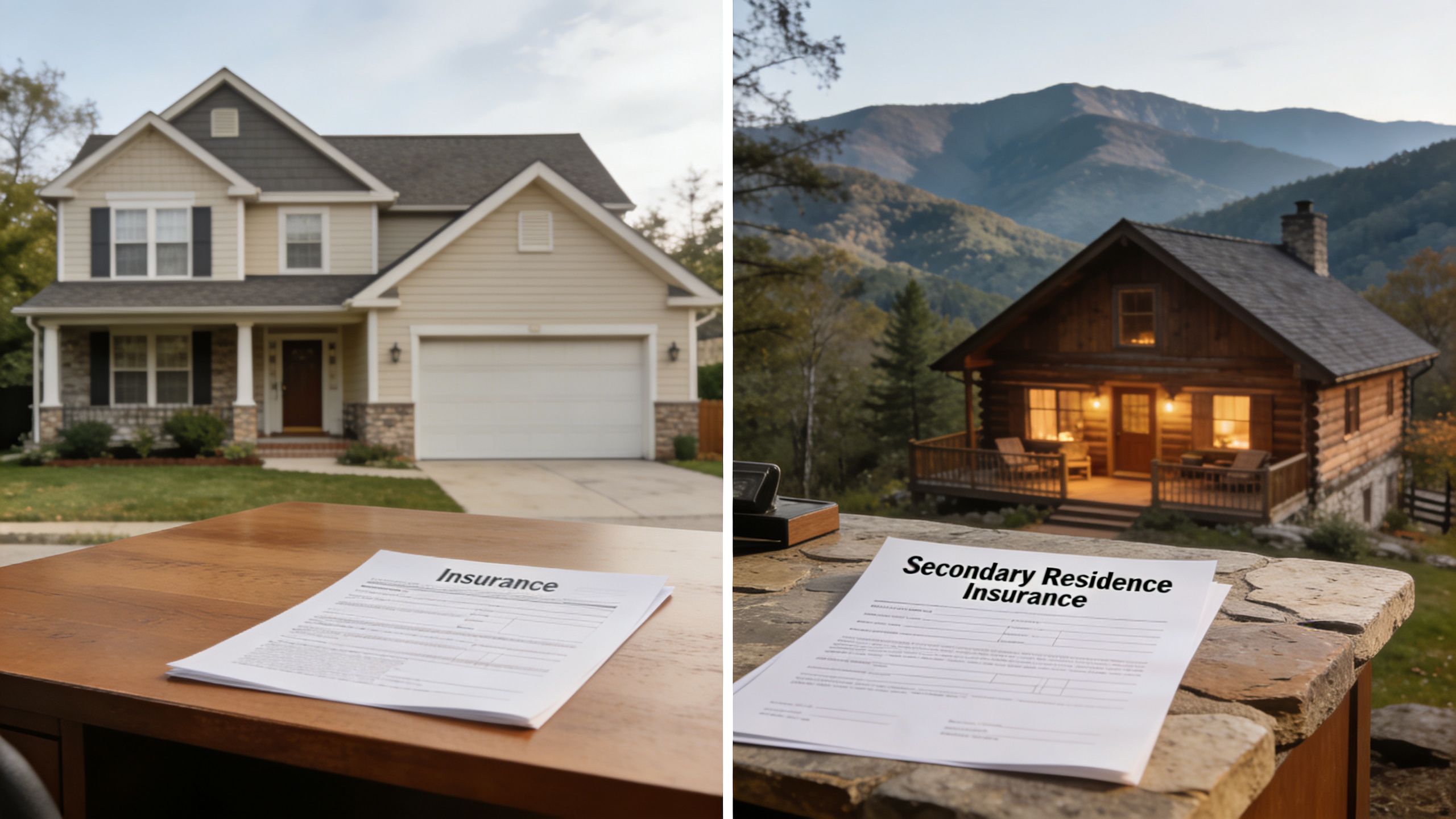 Comparison of a residential home insurance document and a secondary residence insurance policy in the mountains.