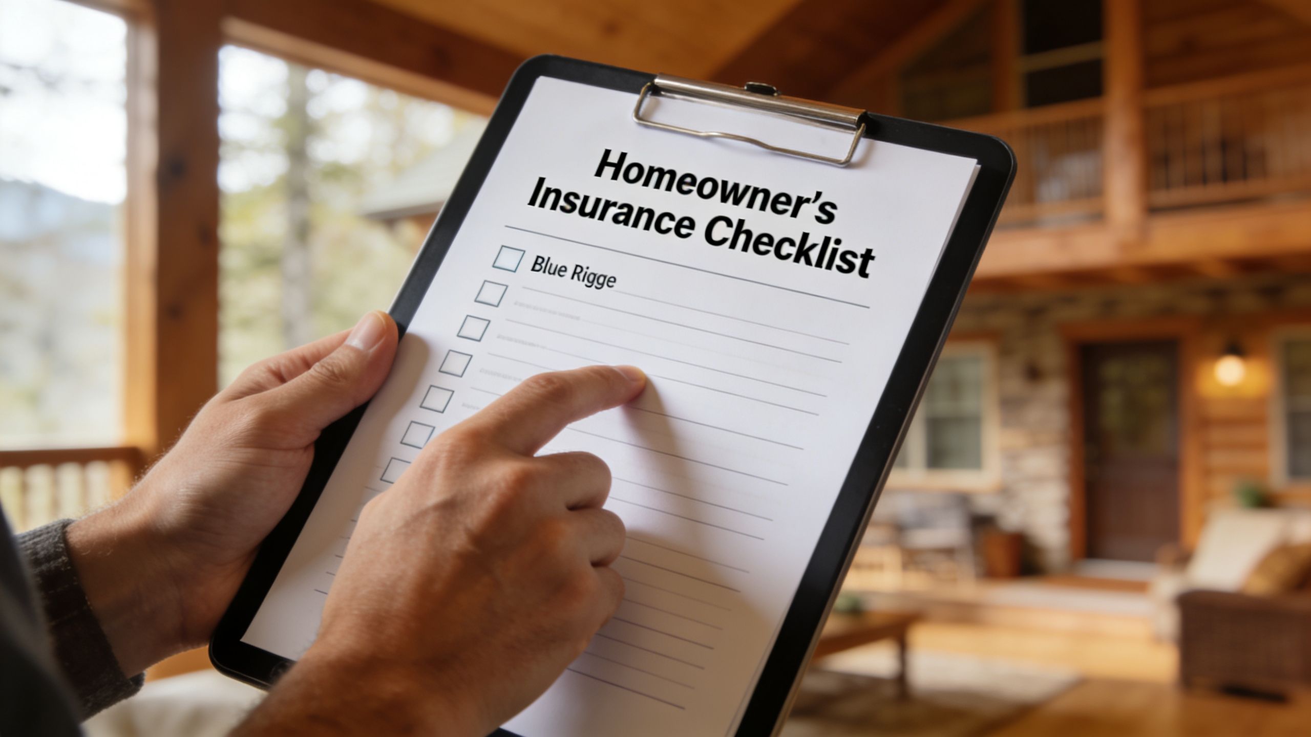 A person holding a clipboard with a Homeowner's Insurance Checklist in front of a mountain home.